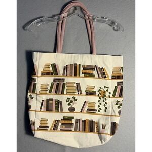 Canvas Bookshelf Tote Bag Cream Pink Straps Book Lover Literary Reusable Bag